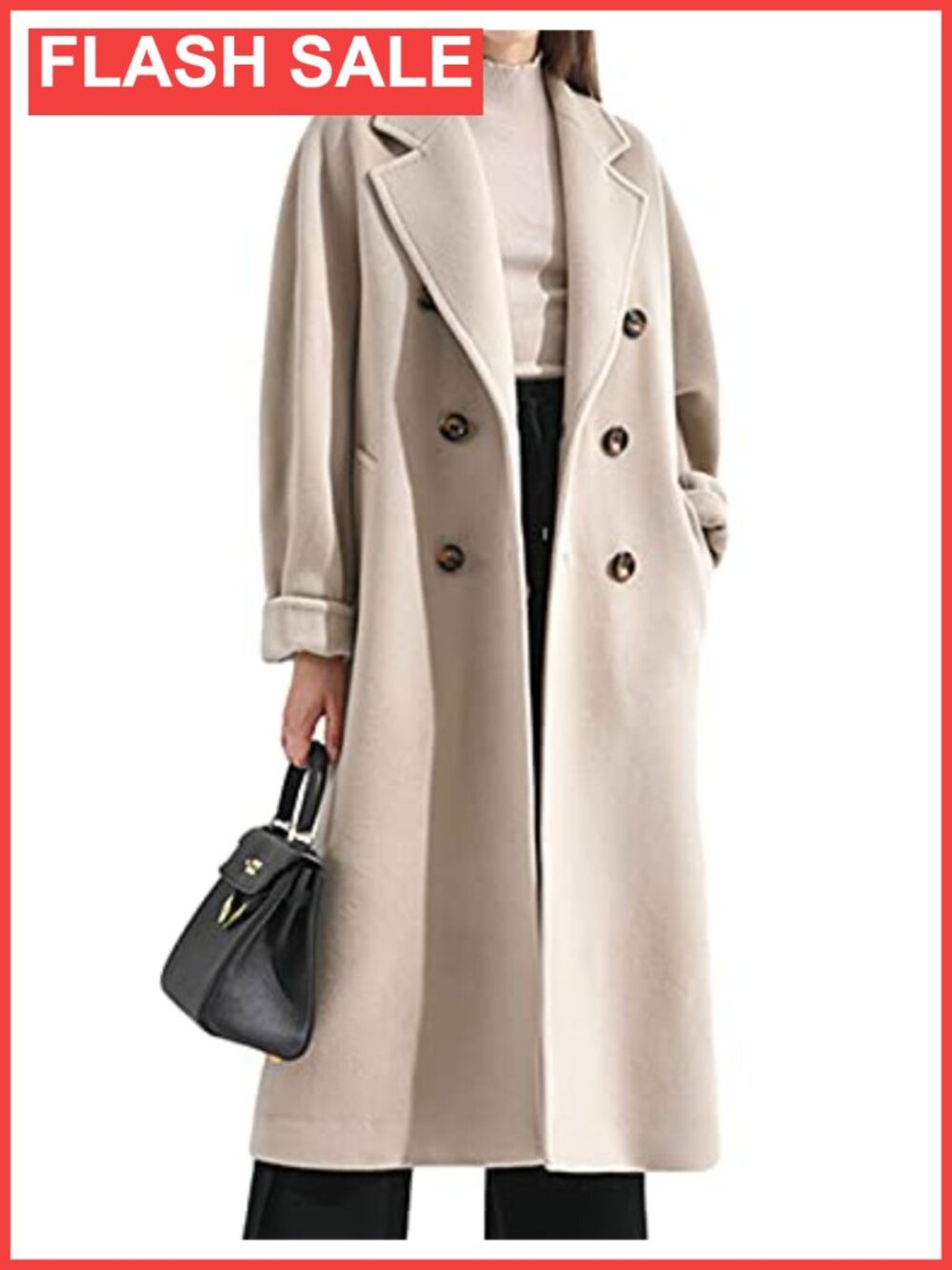 Women Wool Blend Pea Coat Double Breasted Notched Collar Mid-Length Outerwear